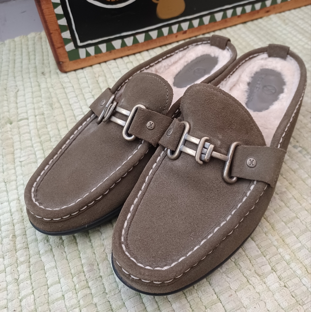 Cole Hann olive leather silver hitch shearling slip on slipper loafers size 7.5